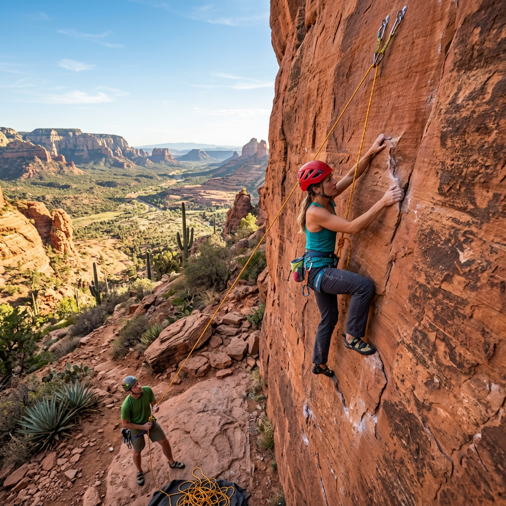 Woman rock climbing on red sandstone cliff with man belaying below in desert canyon